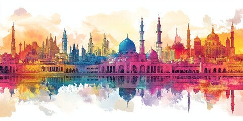 Watercolor painting of a Middle Eastern skyline reflected in water