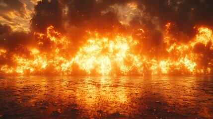 Naklejka premium Intense flames engulfing a reflective surface under a dramatic sky at sunset