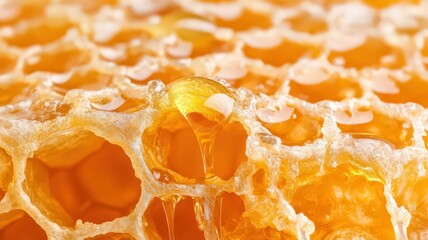 Golden Honeycomb with Dripping Honey Close-Up