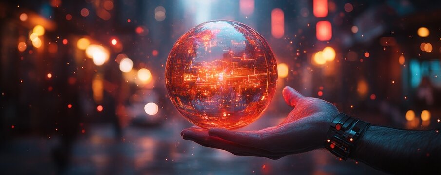 Global Business Strategy Digital Technology Concept Businessman Holding Holographic Globe in High-Tech Cityscape