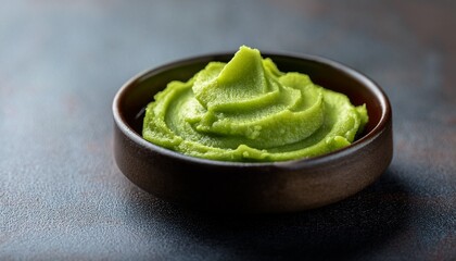 Wasabi Delight: A close-up shot features a vibrant swirl of wasabi in a rustic bowl, capturing its smooth texture and inviting color.