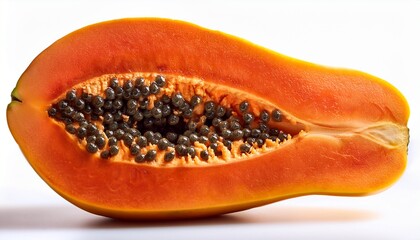 Papaya's Interior: A vibrant cross-section of a ripe papaya unveils its juicy, orange flesh speckled with black seeds. A testament to nature's artistry and the fruit's refreshing appeal.