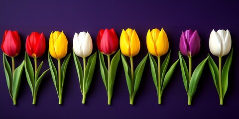 Vibrant Spring Tulips Row Colorful Floral Arrangement Close up