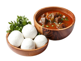 Traditional African fufu on a white background, a staple West African dish made from pounded yams, cassava, or plantains.
