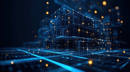 Obraz premium Digital Cityscape Data Cubes Glow, Network Flows