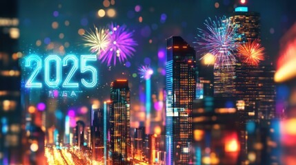 Obraz premium Neon 2025 New Year fireworks over city skyline