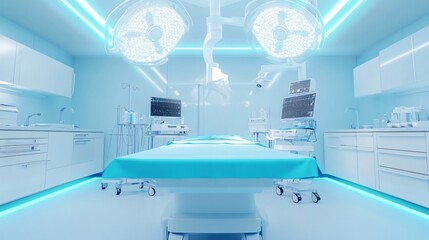 Futuristic medical room, sterile and illuminated space with advanced technology, highlighting a clean and innovative healthcare environment.
