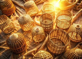 Overhead Vintage Sepia Photo of Eco-Friendly Woven Cages with Soft Fabrics in Warm Sunlight