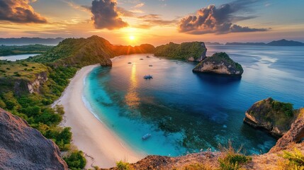 Sunset over tropical bay, boats at anchor, island vista, travel brochure