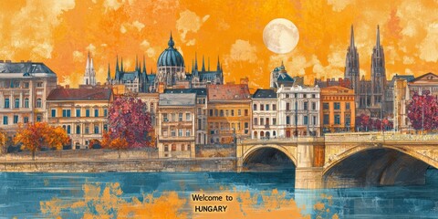 Obraz premium Illustrated view welcomes visitors to hungary showcasing budapest skyline