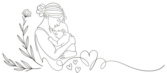 Mother and baby line art style vector illustration, mothers day celebration illustration