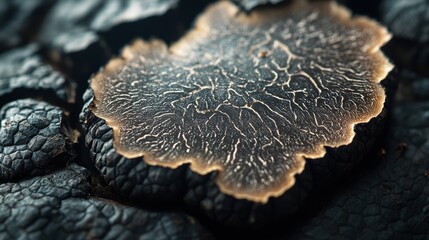 Detailed close up of a sliced black truffle revealing its beautiful marbling and texture, a prized gourmet ingredient in culinary arts, displayed with whole truffles