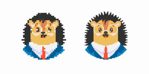 Two cute pixel art hedgehogs wear blue suits, red ties, and glasses, creating a fun and quirky look.