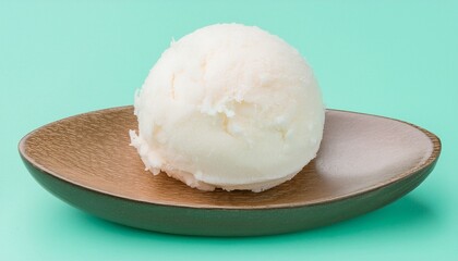 Coconut Ice Cream Delight: A perfect scoop of refreshing coconut ice cream sits invitingly on a unique plate, against a soft backdrop, creating a visually appealing dessert