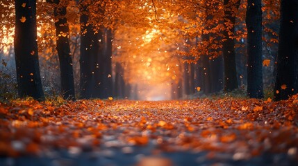 Autumnal pathway through golden leaves, sunlight filtering through trees