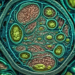 Obraz premium Detailed Close-Up of Abstract Cellular Structure with Green Nuclei and Network, Showing Complex Biological Patterns and Textures, Artistic Rendering