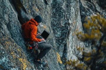 Rock climber working on a laptop while sitting on a steep cliff, combining adventure with remote work in a rugged outdoor setting