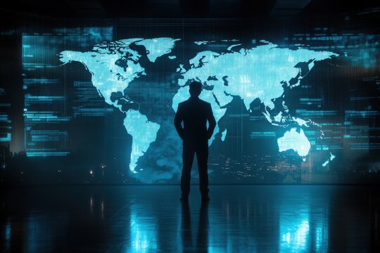 Silhouette of a businessman standing in front of a futuristic digital world map, analyzing global data and technology trends