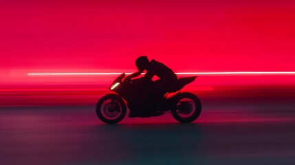 Obraz premium Rider on motorcycle, individual leaning forward on sleek bike against vibrant red backdrop, emphasizing speed and adventure.