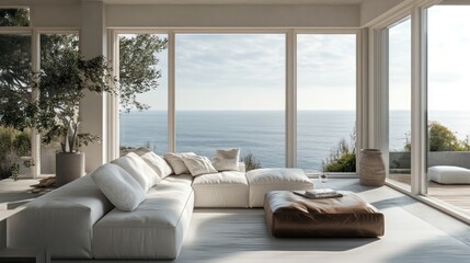 A tranquil coastal interior with a white sofa, leather ottoman, and expansive windows overlooking the sea.