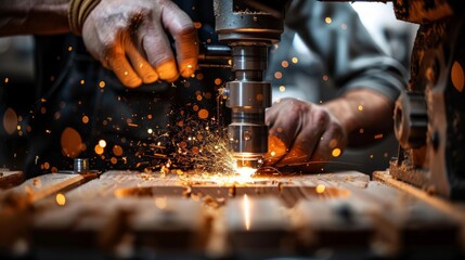 Detailed close up of experienced hands guiding a drill press through a thick piece of wood, illuminating the dark workshop with a burst of fiery sparks