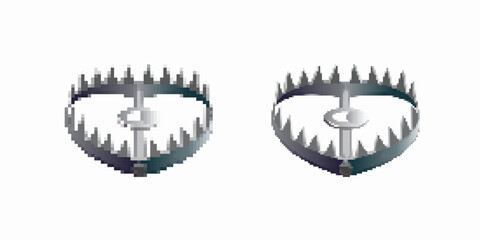 Two metal bear traps with sharp teeth designed to hold large animals securely in place.