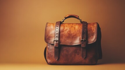 A vintage leather messenger bag is set against a warm-toned background with room for typography.