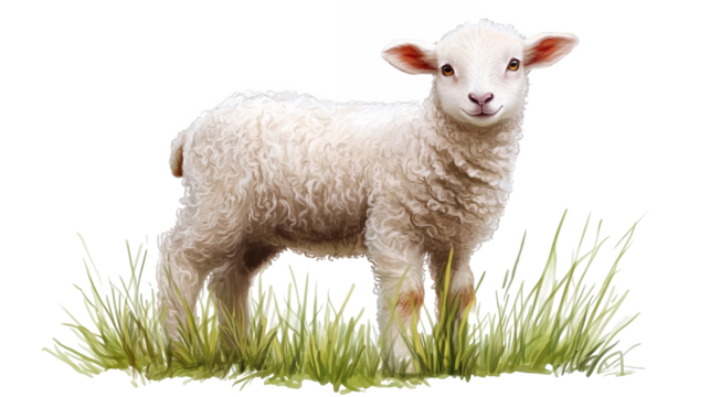 A fluffy lamb with soft curly wool and bright eyes isolated on a transparent background 