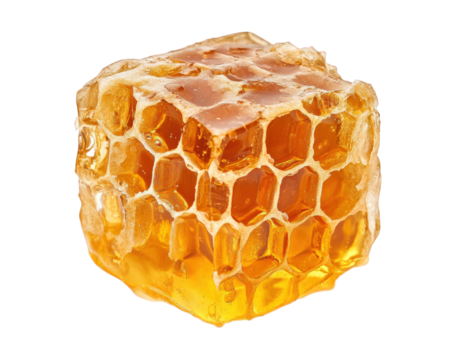 Golden honey jelly cube with visible honeycomb structure, showcasing its natural sweetness and texture. Perfect for culinary uses or as decorative element