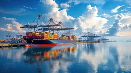 Aerial View of Busy Container Cargo Ship at Industrial Port with Cranes and Colorful Containers
