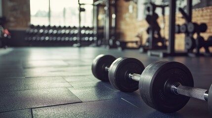 A well-organized modern gym with clean walls, rubber flooring, and neatly arranged free weights.