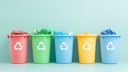 Colorful recycling bins with garbage bags for waste management and environmental awareness
