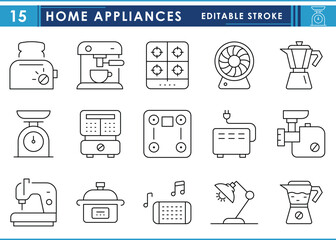 A set of line icons related to Home Appliances. Blender, stove, coffee pot, fan, roaster, heater, and so on. Vector editable stroke.