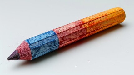 Detailed close up studio shot of a large multicolored wooden pencil with blue red orange and yellow segments on a white surface