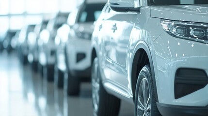 New car models lined up in showroom, sleek design, bright lighting, ideal for automotive promotions and advertising.