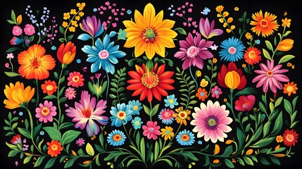 A Vibrant Collection Of Colorful Flowers Against A Black Background