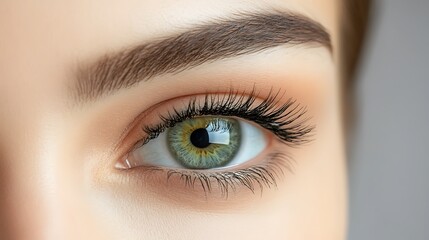 Obraz premium Close-up of a woman's eye with long eyelashes and natural makeup.