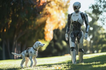 Robot Walks Robotic Dog in a Park During Autumn, Showcasing Technology and Companionship in Nature