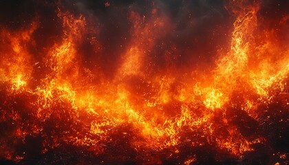 Fiery red and orange flames are intensely burning in a wide view