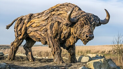 Fototapeta premium Wooden sculpture of a bison standing majestically in a natural landscape under a cloudy sky