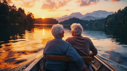 An elderly couple of mixed descent enjoying a peaceful boat ride on a lake at sunset.