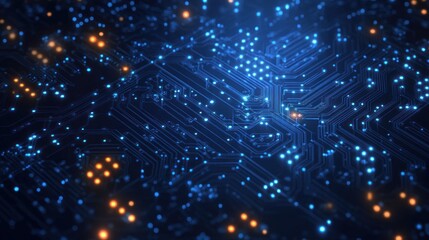 Futuristic Blue Circuit Board Design with Neon Lights and Symmetrical Patterns