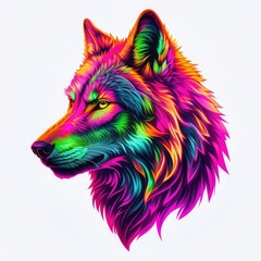 A Vibrant Rainbow Wolf, A Majestic Creature Of Fantasy, Its Fur Alive With Electric Color, A Symbol Of Wild Beauty And Power Against A Pure White Backdrop