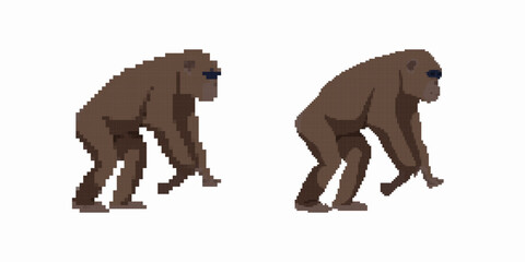 Pixel art illustrations show the transition of an ape evolving into a human figure.
