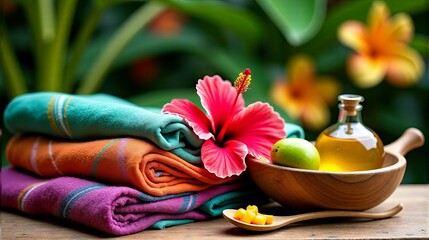 Hibiscus Flower with Folded Towels Fruits and Oil on Wood Table Spa