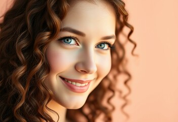 Naklejka premium Warm, soft pastel background with a photorealistic portrait of a smiling female