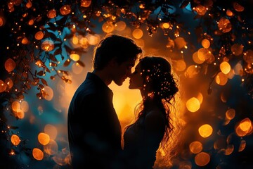 Couple Kissing Under Mistletoe with Fairy Lights in a Romantic Winter Setting