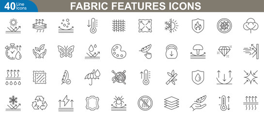 Fabric features icon set. Showcasing waterproof, UV protection, material attributes, performance capabilities for Fashion, apparel, textile industry and more. Vector illustration