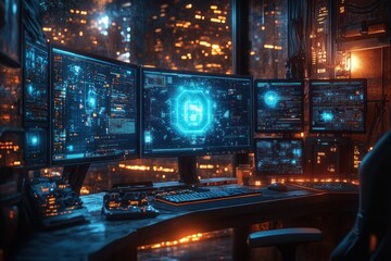 High-Tech Collaborative Workspace with Holographic Interfaces and Dynamic Team Interaction at Night