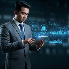 A businessman in a suit analyzing network security data on a tablet. Digital graphics of firewall logs, encryption, and malware detection surround him. Futuristic lighting. 1:1 format.
